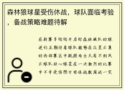 森林狼球星受伤休战，球队面临考验，备战策略难题待解
